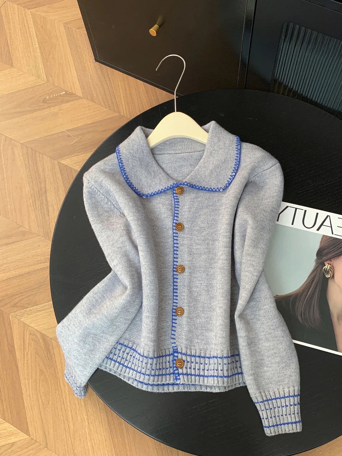 

Retro Chic Color Blo Knit Sweater Cardigan Casual Korean Sle Turn-down Collar All-Match Spring Autumn Women's Top