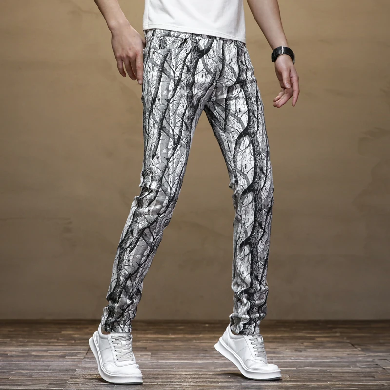 2024Spring and Summer New Digital Printed Jeans Men's Slim Fit Stretch Feet Personality Fashion Party Casual Trousers