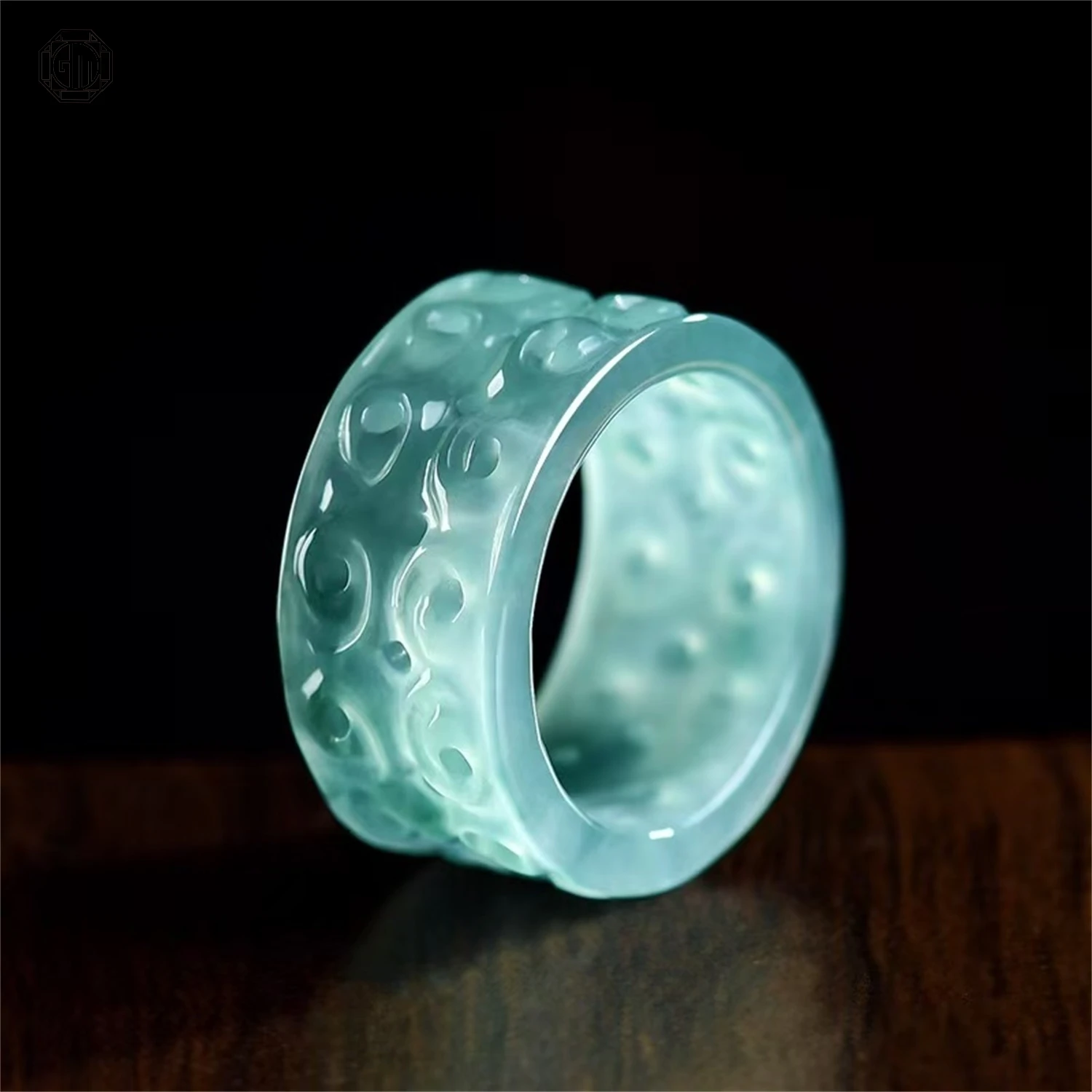 Natural Grade A Jadeite Blue Water Landscape Thumb Ring Ice Translucent Unisex Men Women Couple Gemstone Band Jewelry Gift view 4