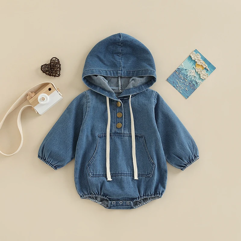 Newborn Baby Denim Bodysuit Infant Boys Girls Fall Hooded Romper Long Sleeve Button Front Solid Color Short Jumpsuit For 0-24M