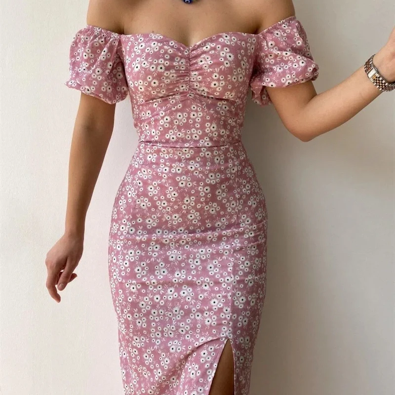 2024 Summer  New Pattern Bag Hip split slash neck temperament hottie zipper Commute sexy midi dress female Women's Clothing