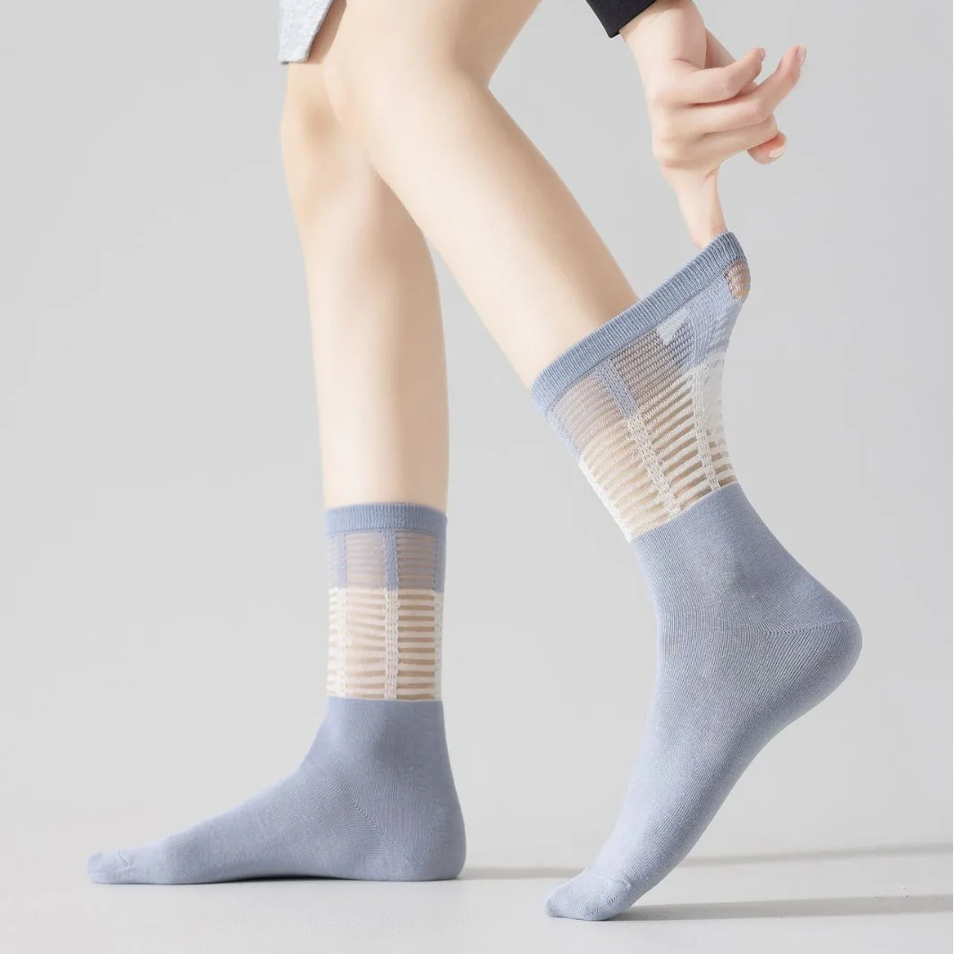 Women Socks Color Matching Hollow Out Mesh Breathable Cotton Middle Tube Socks Women Summer Ultra-thin Girls Elastic Long Socks