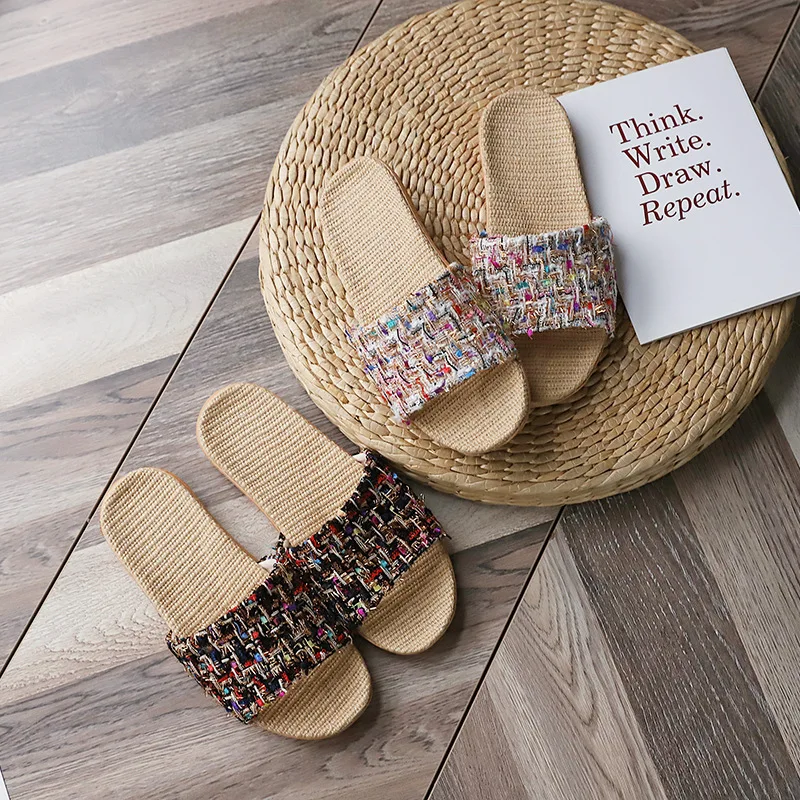 Mn 2022 Summer Living Room Breathable Cotton And Linen Slippers Small Fragrant Wind Open Floor Linen Slippers Women's Autumn