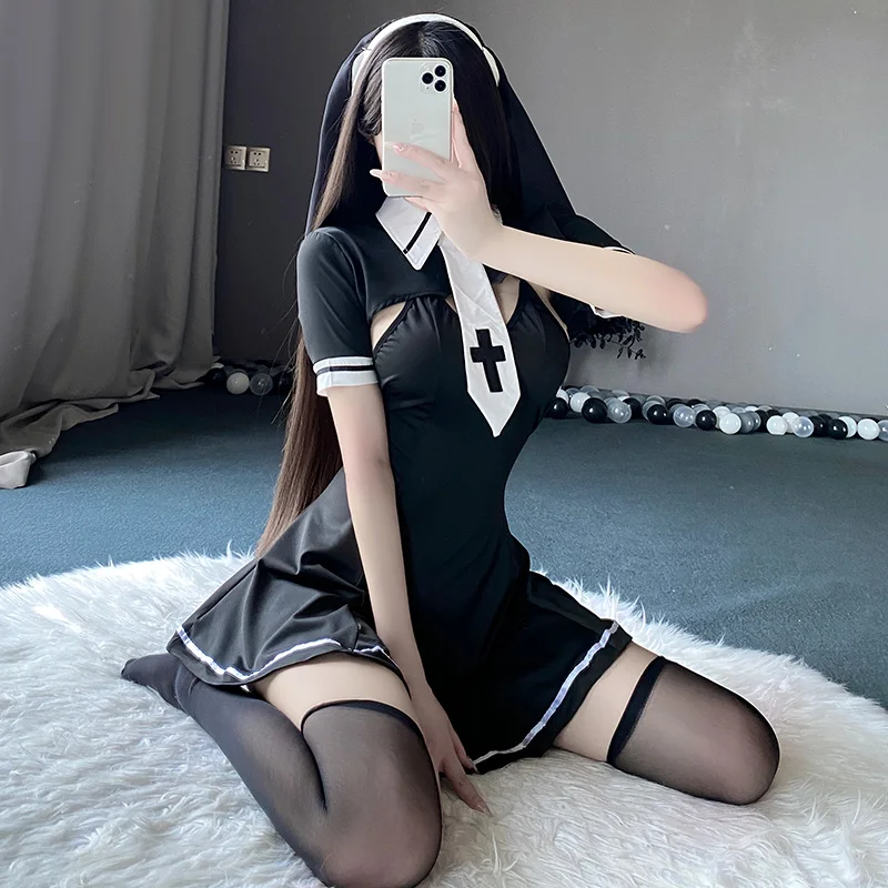 Sexy Nun Costumes Women Fancy Anime Roleplay Outfits Gothic Maid Uniform Nun Dress Erotic Lingerie Set Halloween Party Clothing