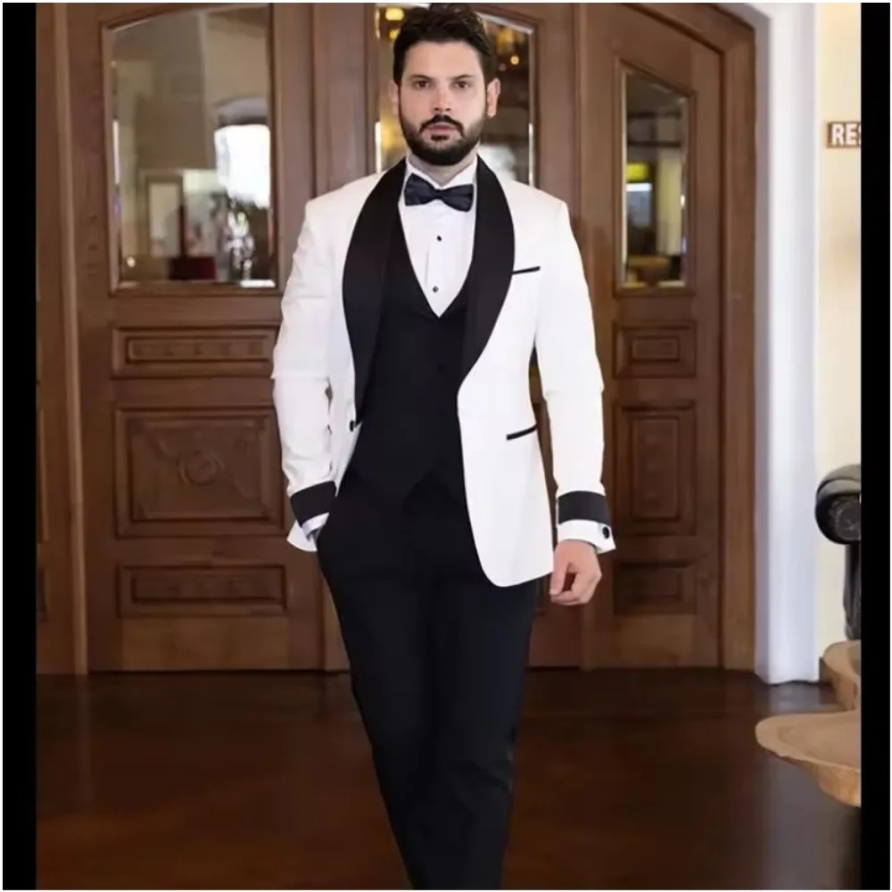 Men Suits Skinny 3 Pieces White Jacket Black Pants Vest Single Breasted Shawl Lapel Wedding Groom Formal Bespoke Male Sets