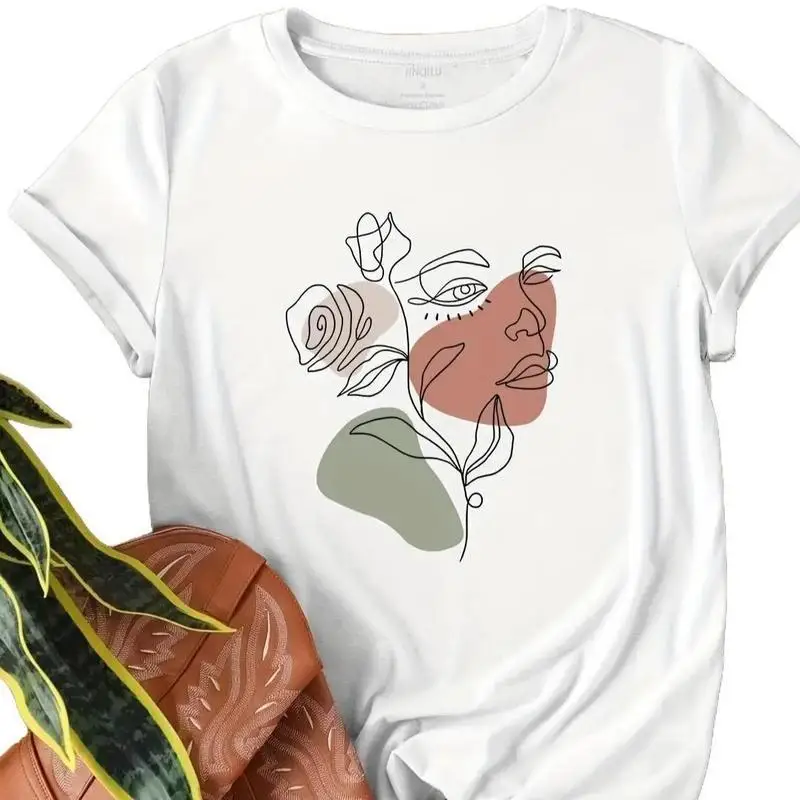 

Minimalist Line Art Face T-shirt for Women, Abstract Floral Graphic Tee, Artistic Boho Casual Summer Top Streetwear