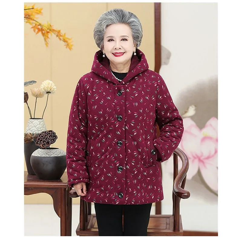 New Cotton-Padded Grandma Winter Clothes Plus Velvet Super Warm Coat Old Clothes Mother Hooded Warm Cotton-Padded Jacket