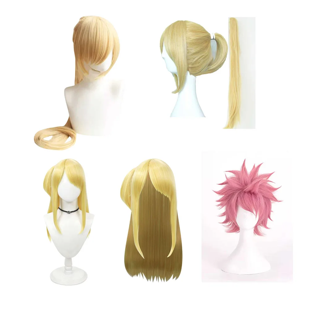 Peluca de Cosplay dorada de Anime Lucy para adultos y hombres, tocado de cabello sintético resistente al calor, accesorios de carnaval, fiesta de Halloween, Roleplay