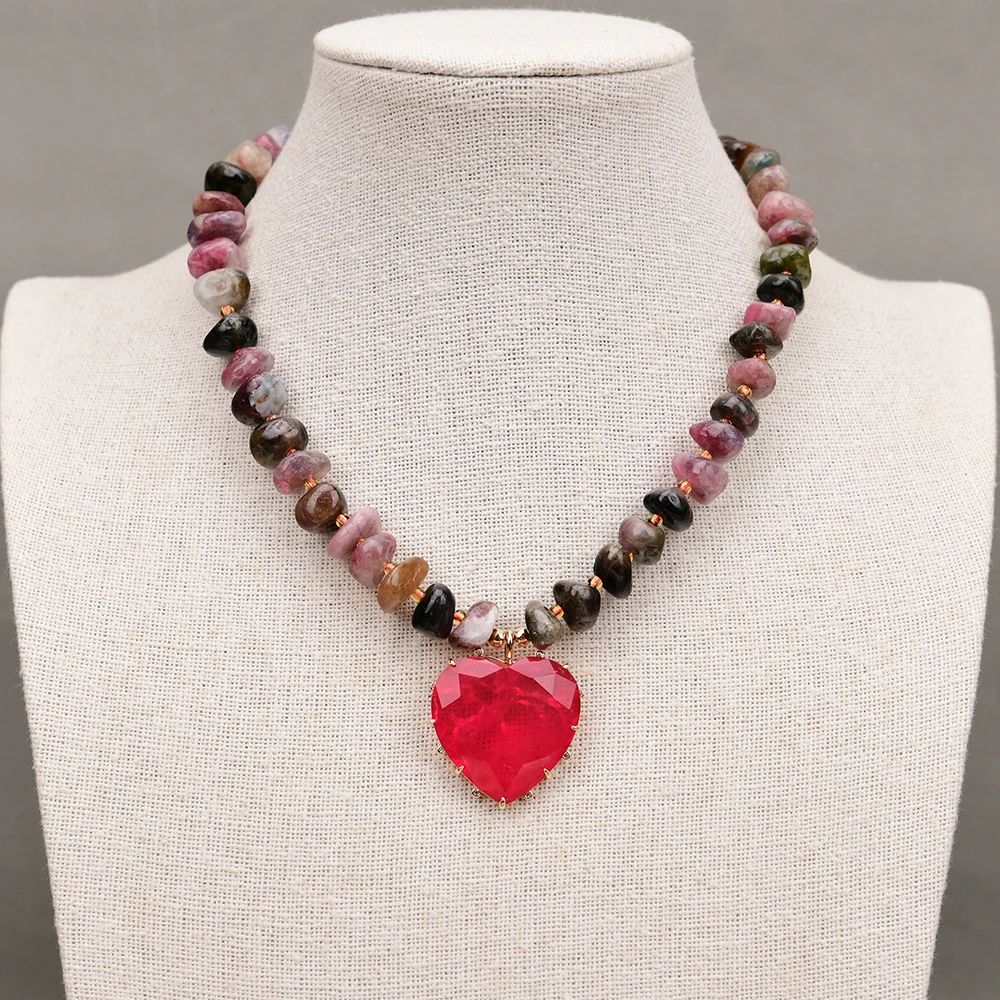 G-G Natural Mix Color Tourmaline Stone Nugget Beads Necklace Gold Color Red Quartz Heart Pendant Lady Jewelry Gifts