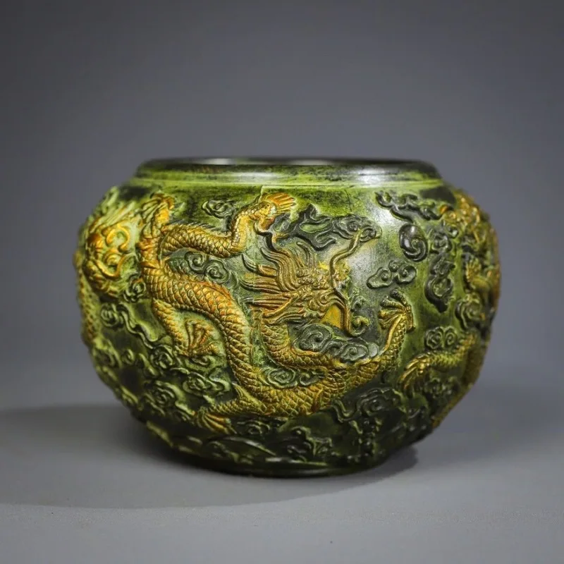 Antiqued copper ornaments patina, featuring two dragons playing with a pearl and a treasure bowl, used as film props, vinta