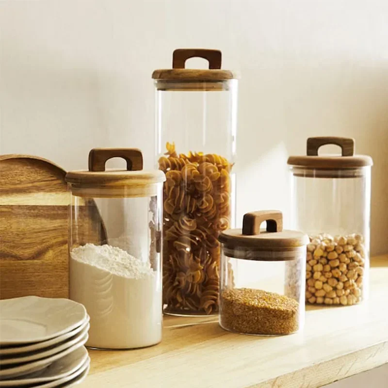 

Glass Food Storage Tank with Wooden Lid Kitchen Coffee Beans Candy Tea Grains Canister Home Snacks Storage Jar