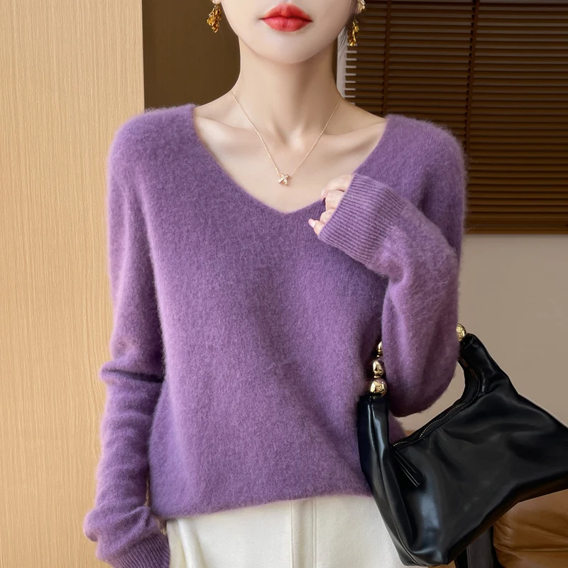 Seamless Spring Autumn Sweater Women\'s V-neck Knitted Pullover 100% Merino Wool Clothing Long Sleeve Basic Versatile Tops Warm