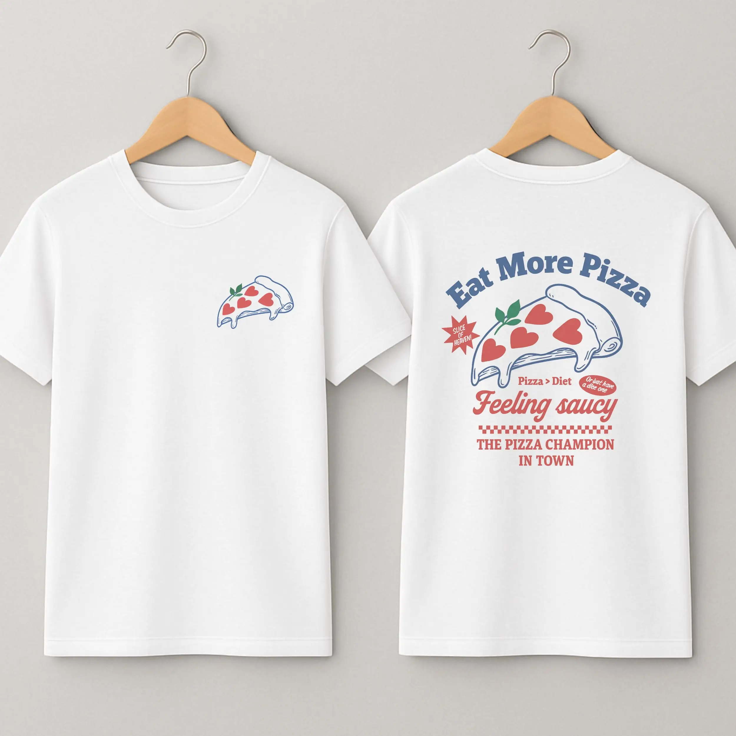 

Футболка с рисунком Eat More Pizza — забавный ретро-дизайн для любителей еды и любителей соуса с принтом на спине и спереди