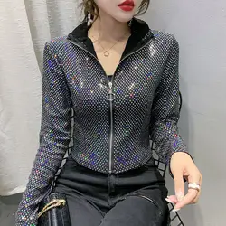 Autumn Jacket Women New Glitter Sequined Short Jacket Female Fashion Long Sleeve Design Sense Sexy Bottoming Shirt