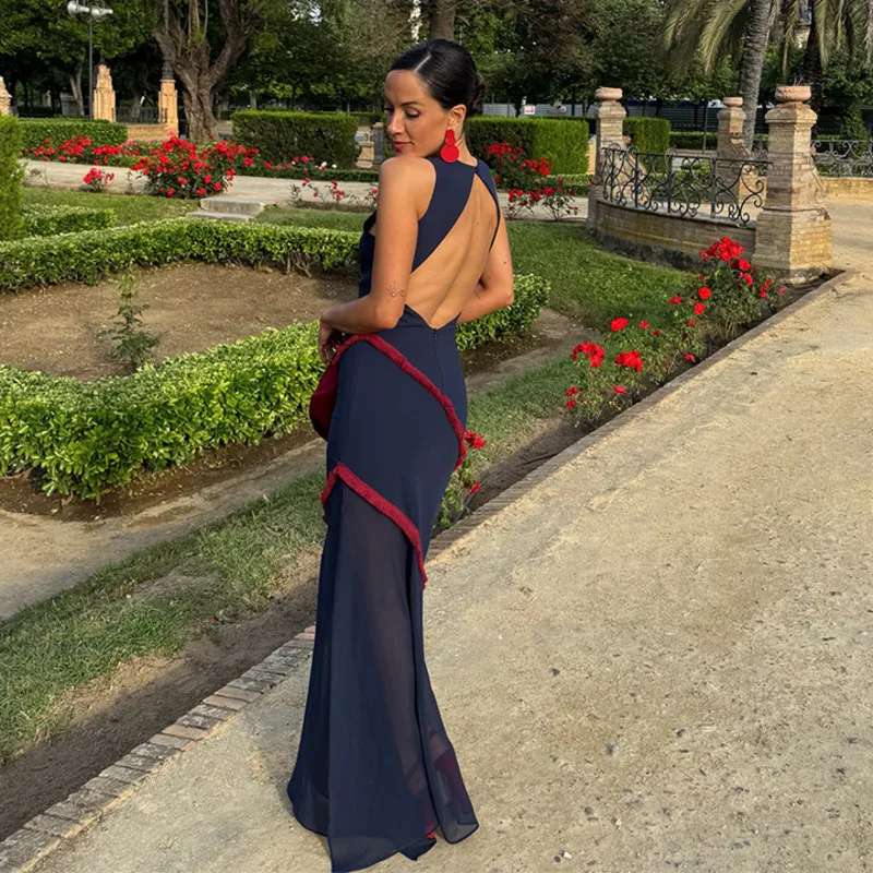 Robe mi-longue sans manches pour femmes, élégante, dos nu, Sexy, moulante, maille, Patchwork, haute rue, longue, fente haute, Chic