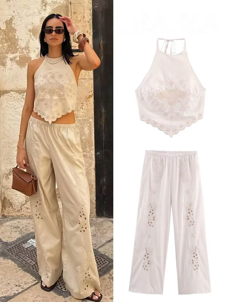 HH Women 2-Piece Set Chic Embroidery Neck Halter Design Sexy Backless Short Top+Elastic Waist Side Pocket Casual Long Pants