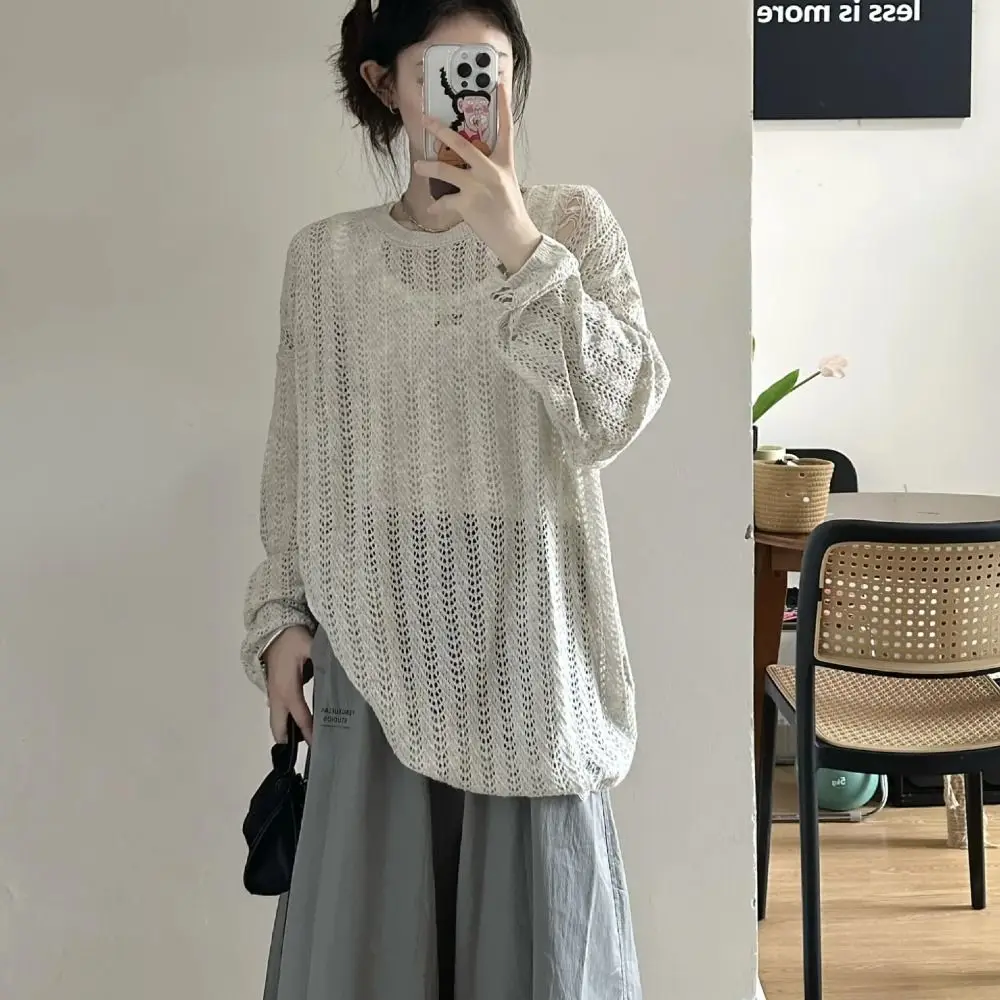 

Leisure Round Neck Hollow Out Knit T-shirt Loose Long Sleeve Crochet Knitwear Beachwear Pullover Cover Up Crop Top Summer