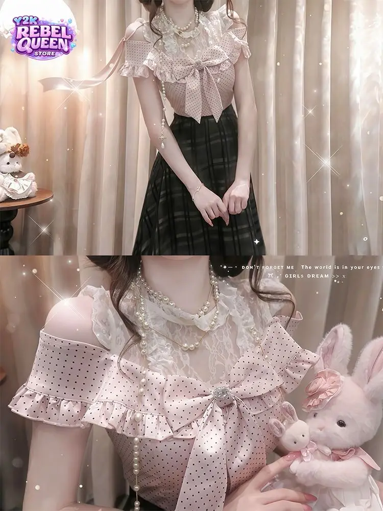 Coquette Sweet Japanese Vintage 2 Piece Set Women Polka Dot Bow Lace Pearl Cold Shoulder Ruffle Top Plaid Skirt Slim Fit Dress