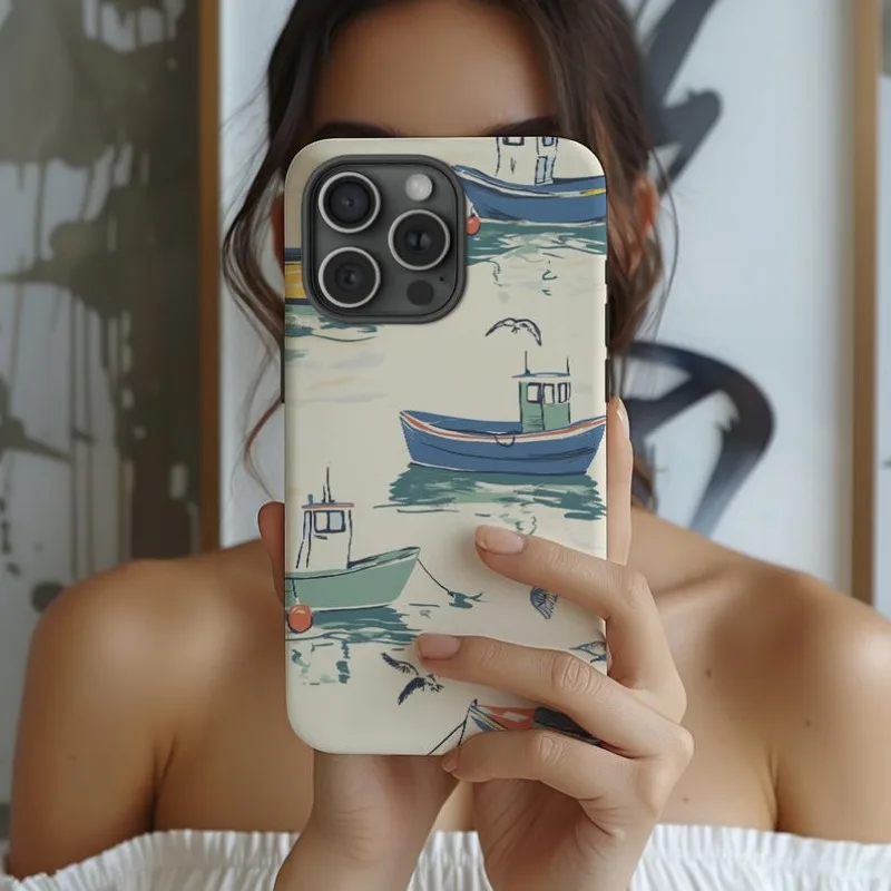 Vintage Coastal Boat Watercolor Phone Case For IPHONE 16 15PRO MAX 14 13 12 11 Acrylic TPU Two in one magnetic Phone Cases