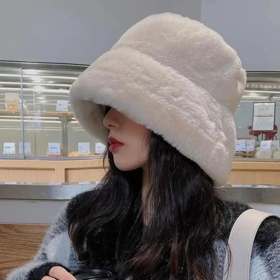 1-teiliger neuer Hut für Damen im Winter, warmer Fischerhut aus Nerzimitat, koreanische Version, modischer, vielseitiger Eimerhut