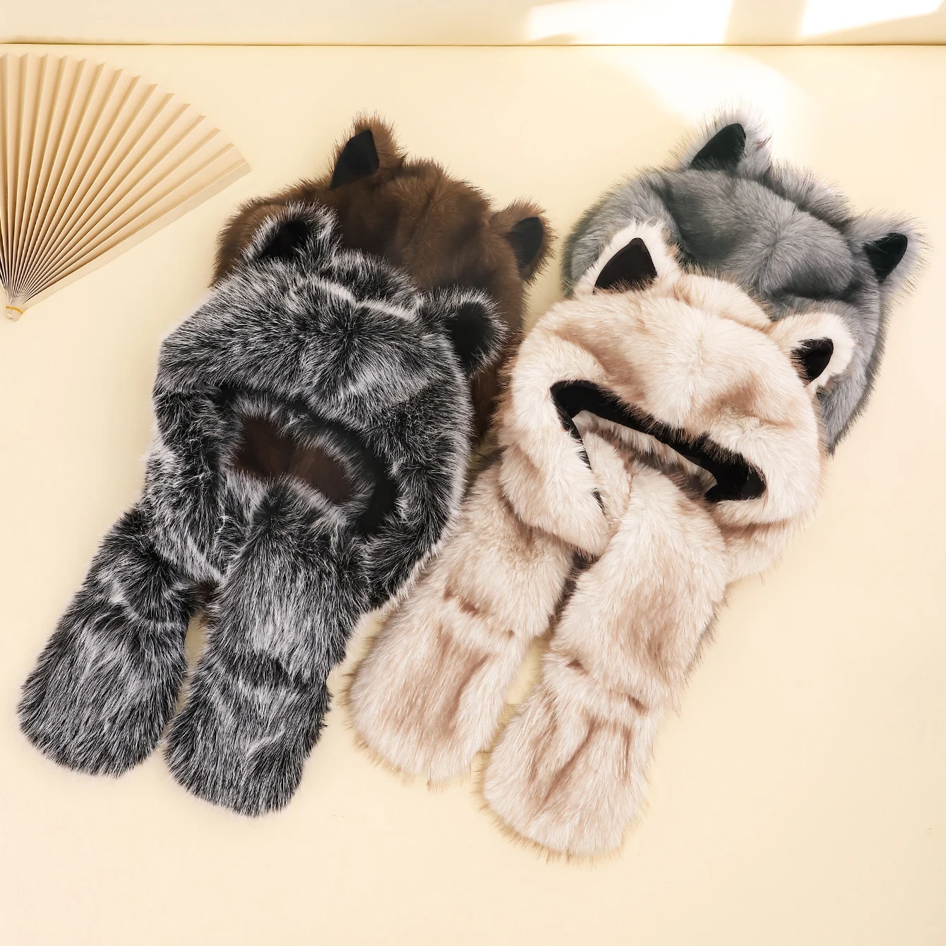 Winter Faux Fox Fur Scarf Hat Gloves Set, Outdoor Warm Dual Color Plush Earflap Beanie, Unisex Cold Weather Accessories