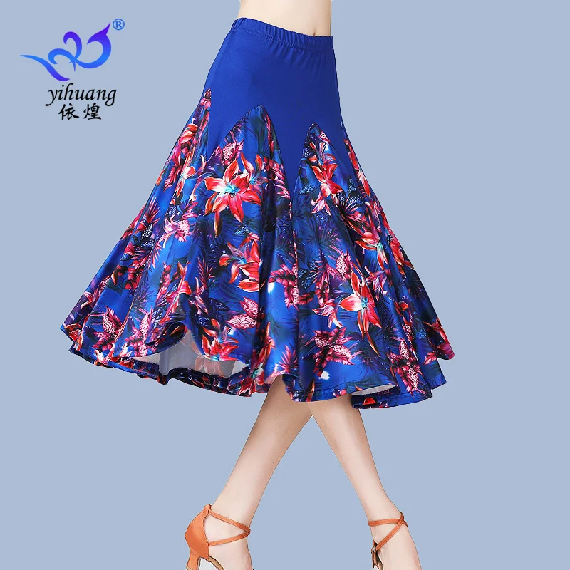 Elegant Womens Latin Ballroom Dancing Skirt Waltz Dance Party Long Swing Printed Large Skirt Dance Dress