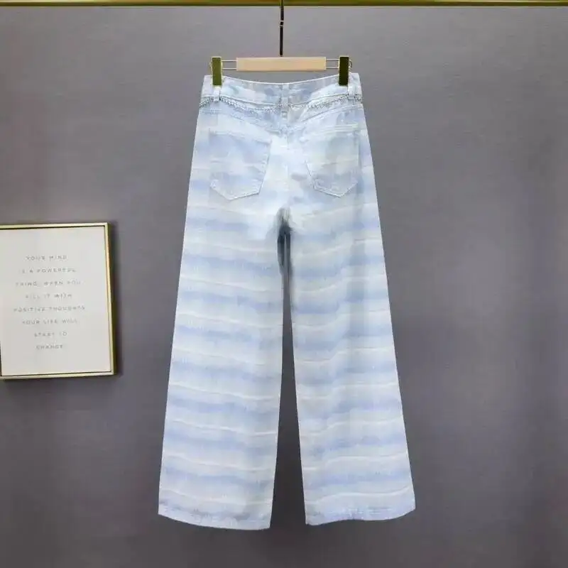 ANJY Spring Summer New Women Fashion Striped Chain Straight Thin Denim Pants Tide Chic Loose Casual Streetwear Slim Jeans A23824