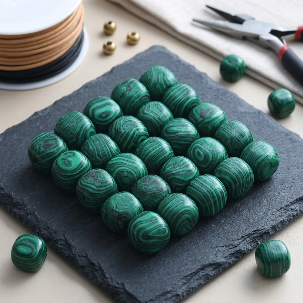 Natural Cubic Malachite Tumbled Stones - 10pcs Marbled Banded Polished Gemstone for DIY Jewelry Making, Home Decor, and