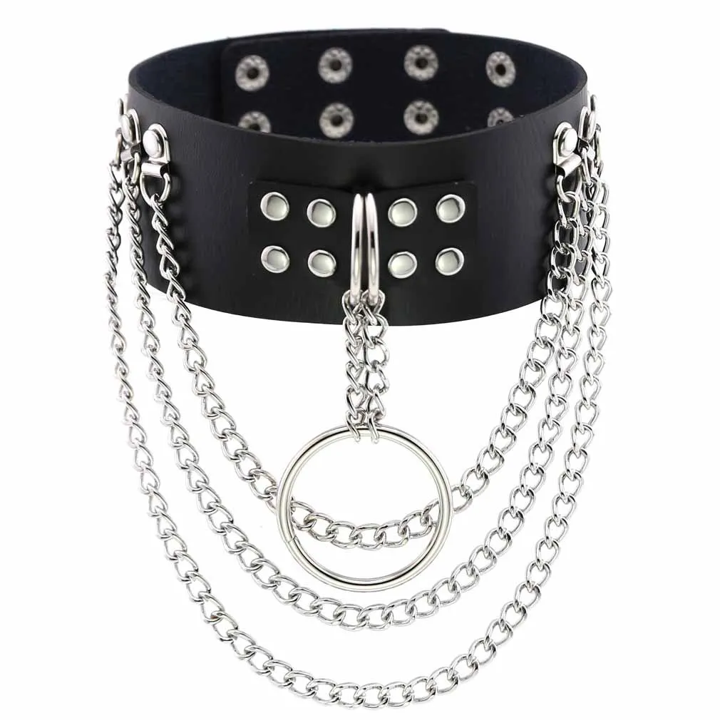 Punk Gothic Night club Hip hop In vogue Hang the O-ring Chain Leather Binding Pendant Choker Collarbone chain