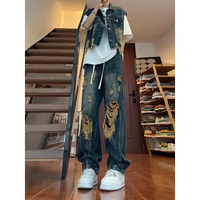 

Foufurieux American Retro Ripped Jeans Men Summer New High Street Vibe Fashion Loose Casual Straight Leg Flared Pants for Men