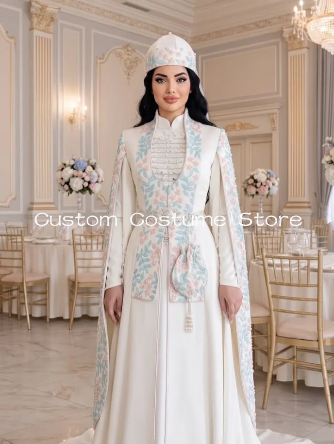 White Muslim Two Pieces Wedding Dresses High Neck Embroidery Long Sleeve Cape Circassian Bridal Gown свадебныеплатья customized