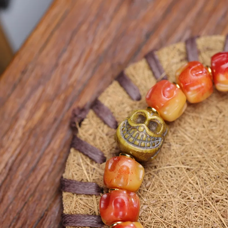 Yak and blood material cow bone carved bracelet with Tibetan-style three-way tassel accessory