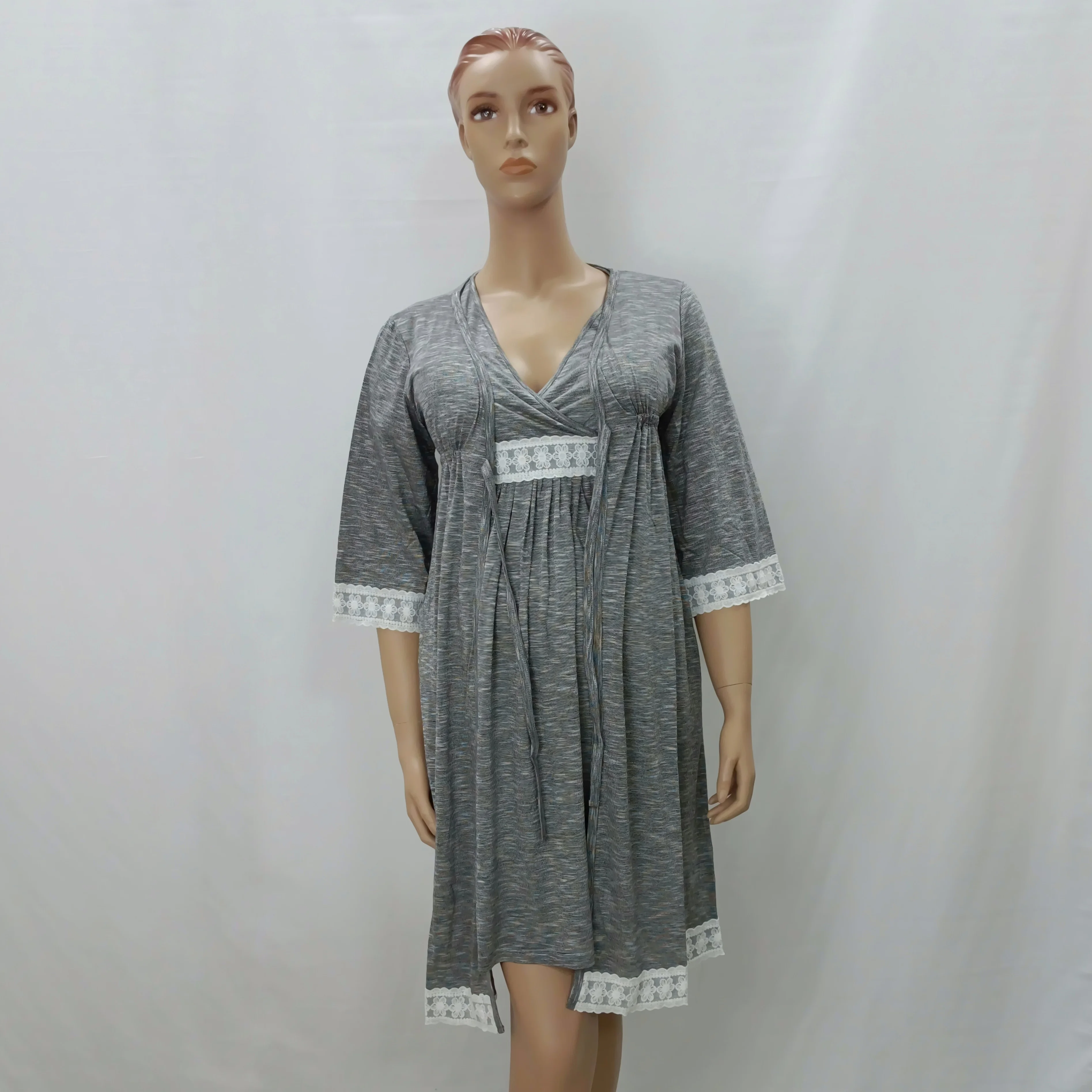 Maternity Robe 3/4 Sleeve Lace Pregnants Nightgown Pajamas striped Dress Nightwear Nursing Sleepwear Nightshirt versatile gown