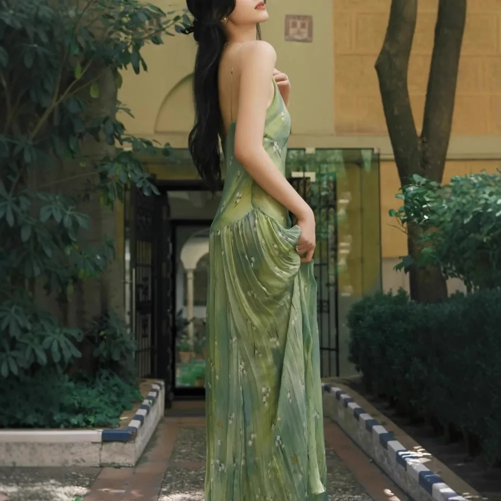 Green Sexy Spaghetti Strap Sleeveless Dress Women Flower Print A-Line Dresses Summer Casual Folds Midi Vestidos
