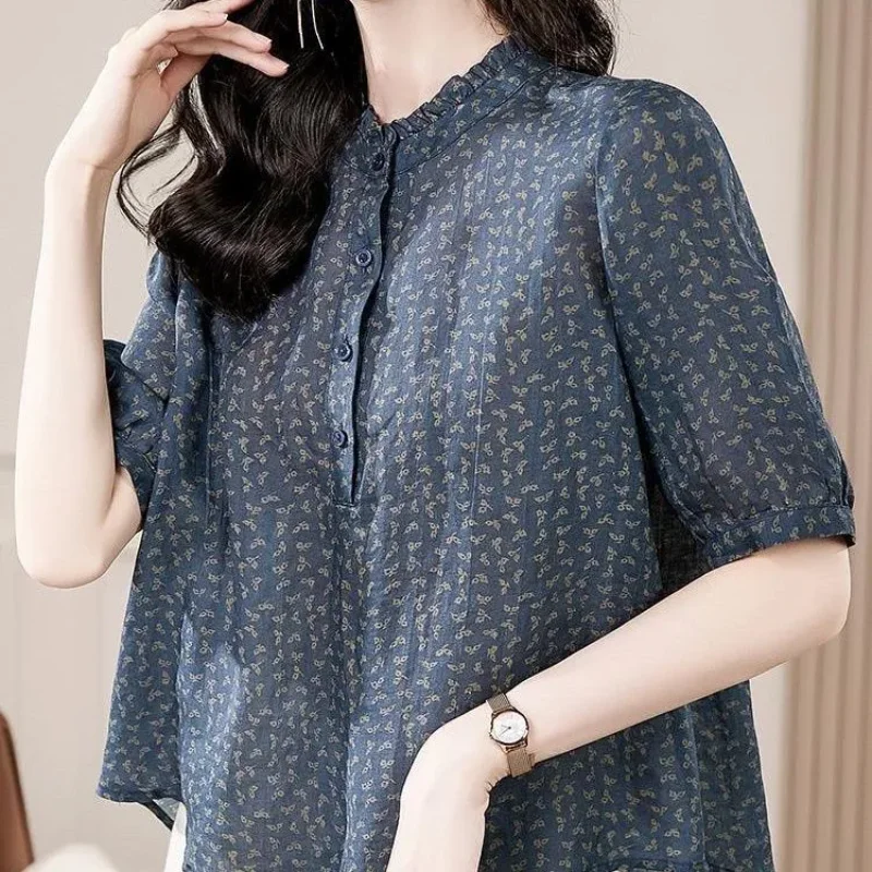 Five Sleeve All Match Retro Shirt for Women's Summer Women's Wear Middle-aged Slimming Floral Elegant Small Shirt Top