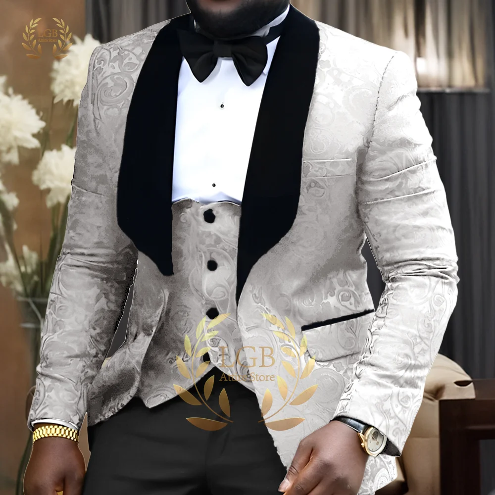 Men's luxury jacquard satin jacquard jacket vest pants 3 piece set, advanced custom wedding party groom groomsmen slim suit