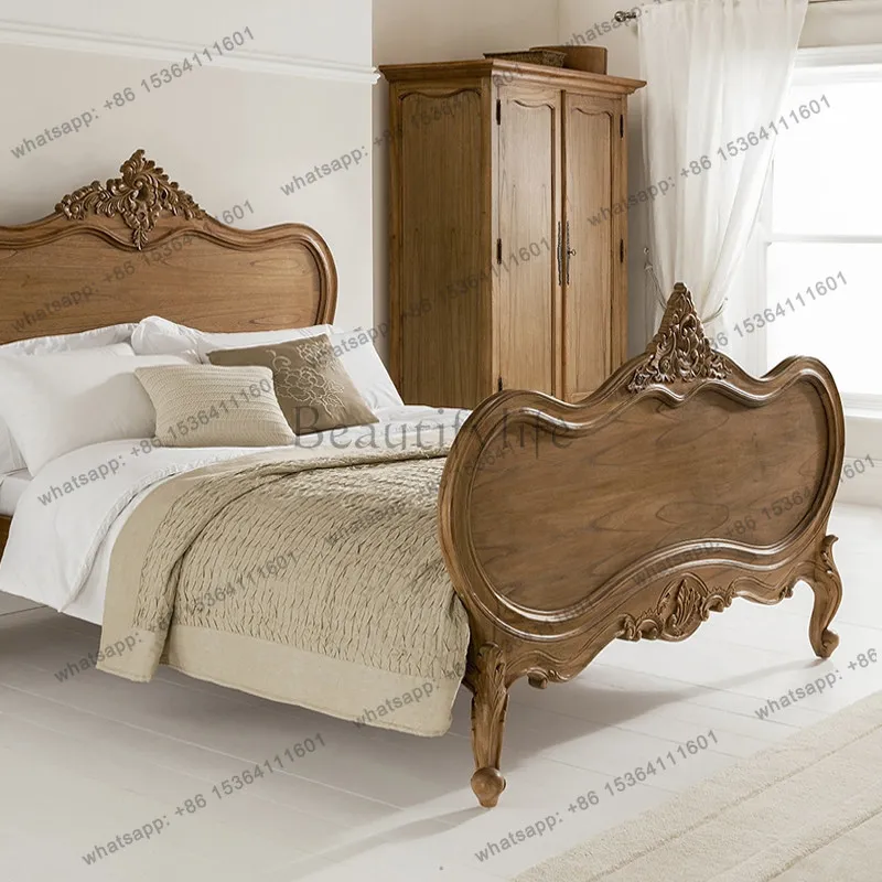 

French retro solid wood carving flower bed antique villa bedroom home made old double bed