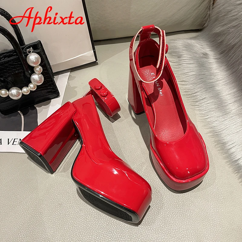 Aphixta New Platform Buckle Strap Pumps Women Shoes 12cm Chunky Heels Red Patent Leather Anti-drop Pimp Fashion Buckle Pumps