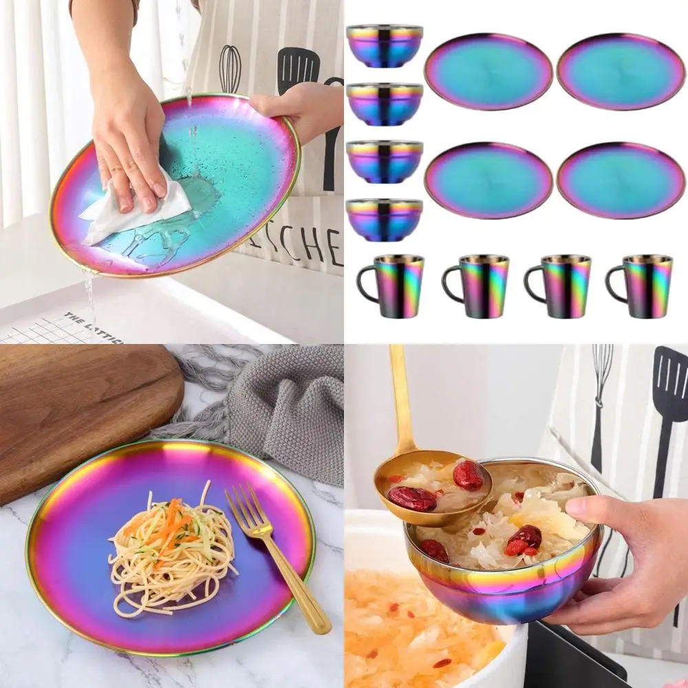 

Набор посуды из нержавеющей стали: 4 тарелки, 4 миски, 4 чашки для эспрессо, 12 предметов, кухонные принадлежности, цвет радуги