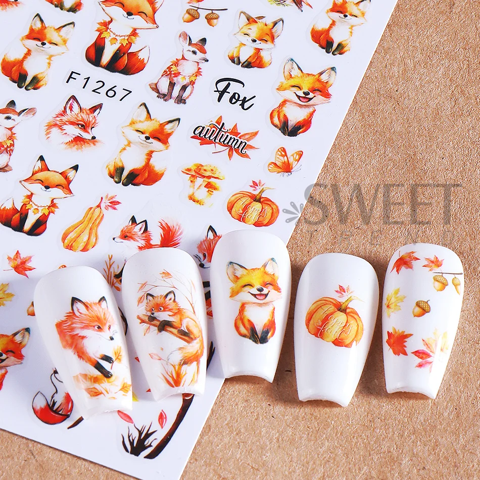 5 Stück Herbst-Nagelsticker, 3D, selbstklebend, Ahornblatt, Eichhörnchen, Fuchs, Igel, Kaffeetasse, Nageldekor, Thanksgiving-Maniküre-Dekoration – Detail 6