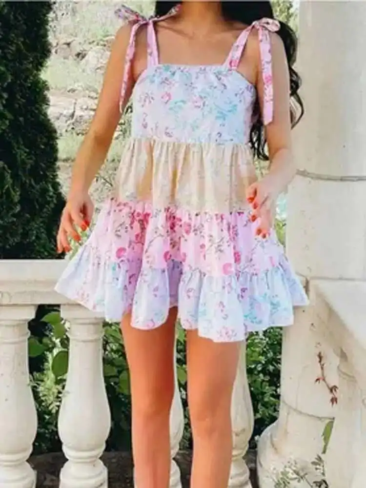 Boho inspirado Ral escalonado Tie-Strap Mini para mujeres lindos vestidos de verano nuevo Babydoll femenino vestido de fiesta Sexy