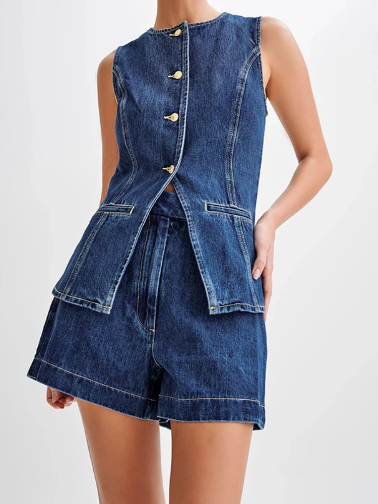 New in Spring Autumn Denim Two Piece Sets Womens Outifits Elegant Fashion Shorts Pants Sleeveless Tops Women's Two Pieces Set