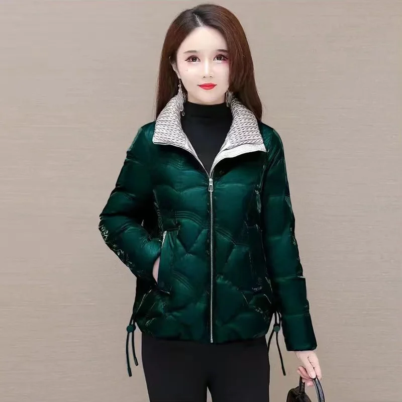 Colorful Pearlescent High end Fabric Down Cotton Jackets Women\'s New Short Korean Loose Quilted Coat Thick Coat Bright Face Gree