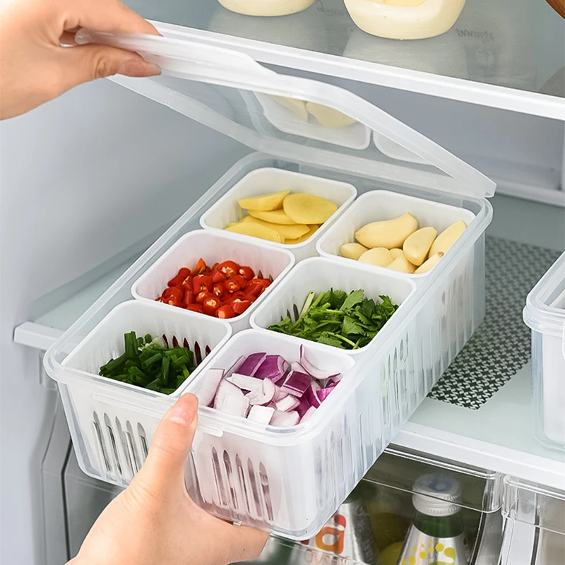 6 Grid Refrigerator Storage Box Fridge Organizer Drain Basket Vegetable Fruit Storage Containers Meat Onion Ginger Clear Crisper