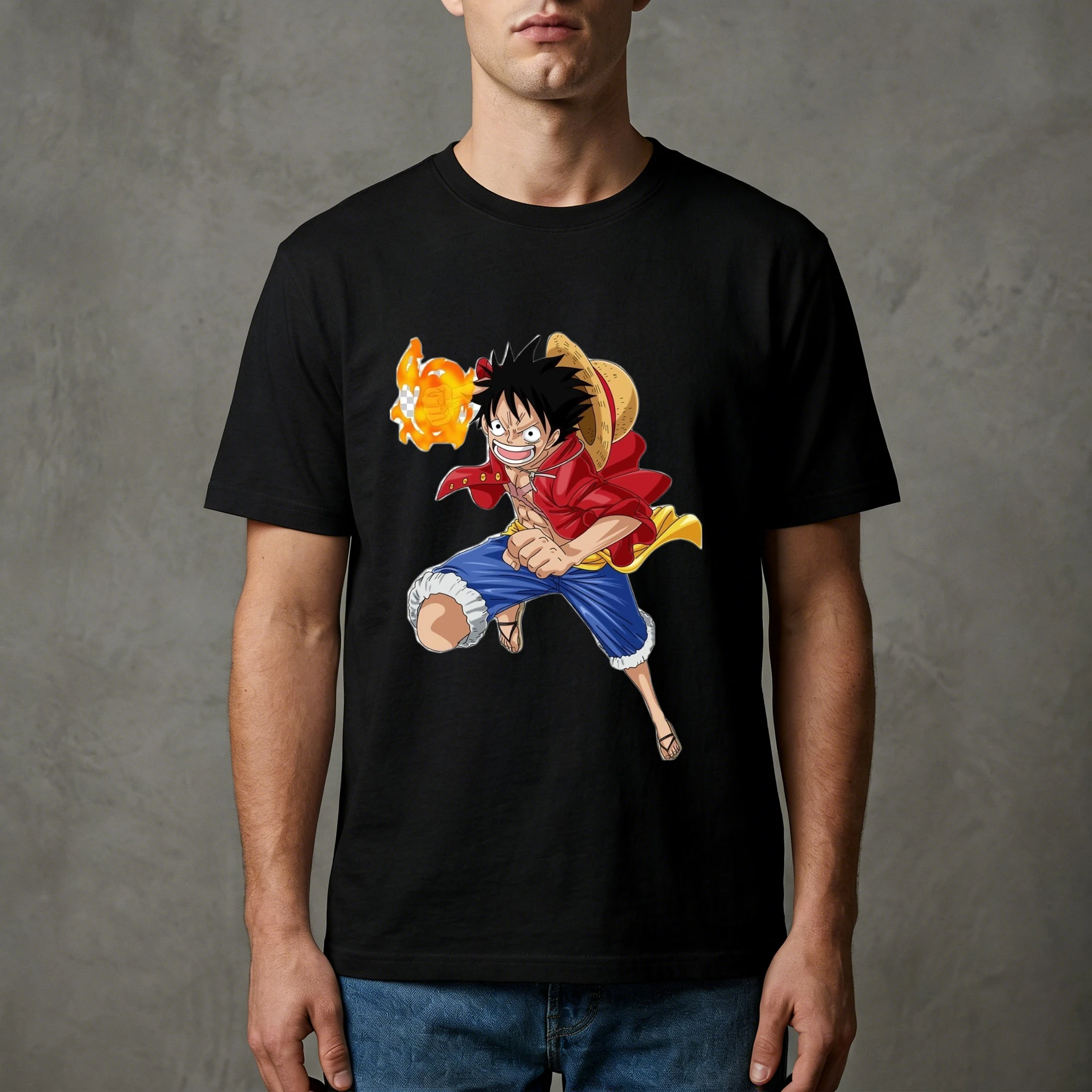 

2026 Men's High - Quality Breathable Fabric Fashion T - Shirt, One Piece Monkey D. Luffy Battle Pose Fire Effect Graphic Print