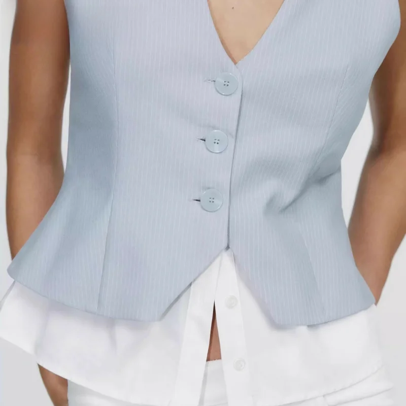 

Ele V-Ne Svel жилет в полоску в стиле пэчворк, женский топ для поездок на работу, обычная длина, с одной пуговицей, чистый цвет