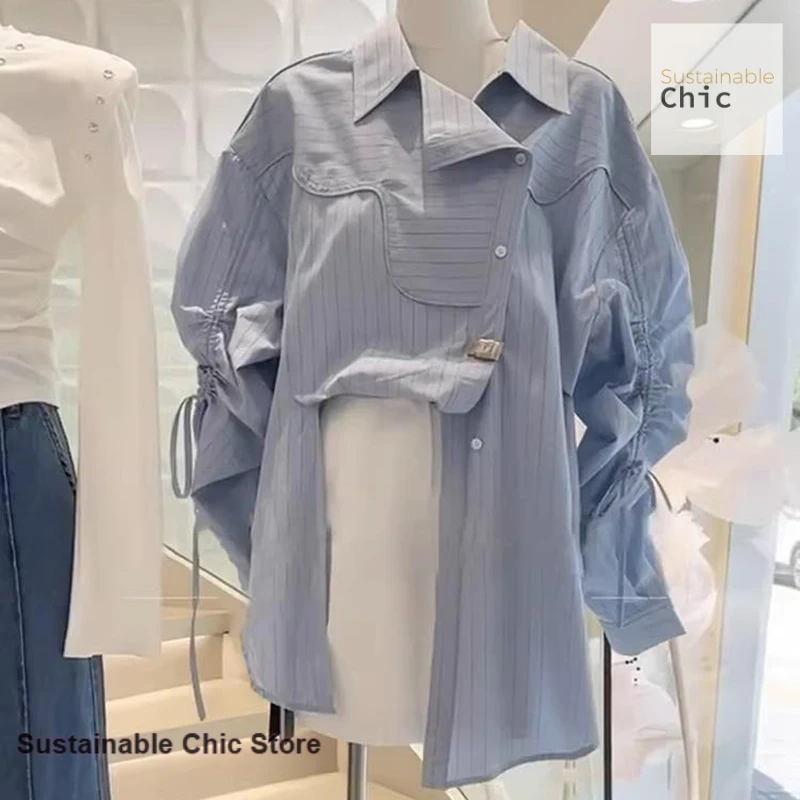 

French chic irregular drawstring striped shirt women's spring and autumn new large-size loose shirt western-style casual shirt