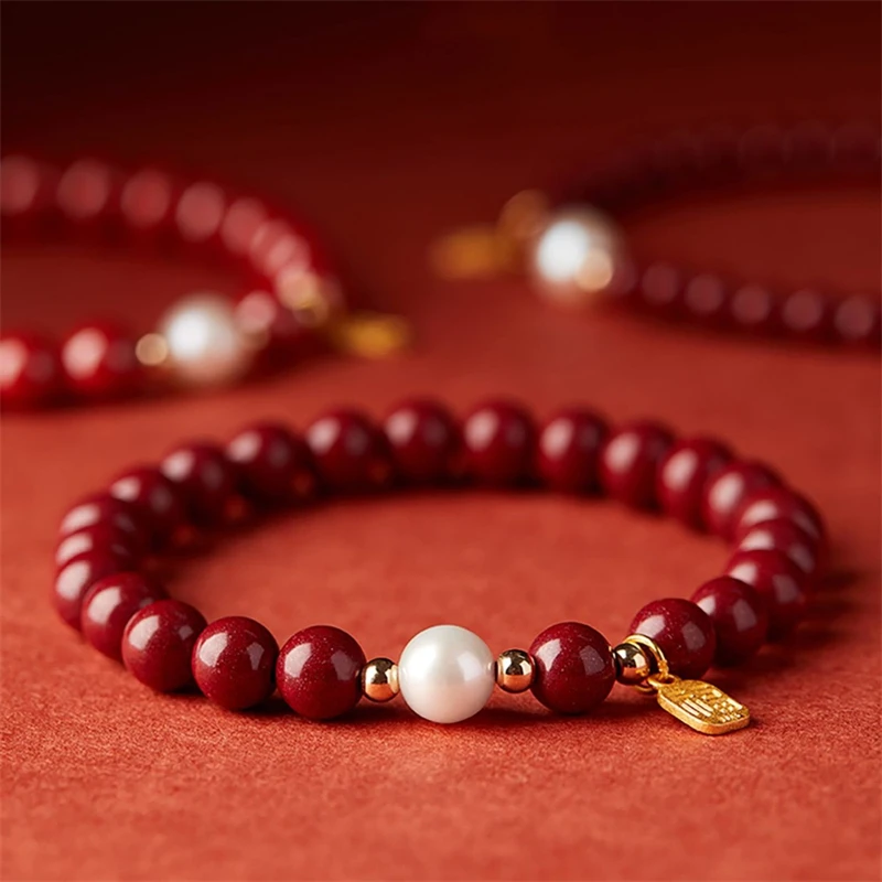 Vintage Cinnabar Red Beaded Bracelet for Women Men Handmade Lucky FU Pendant Transfer Bracelet Amulet Friendship Jewelry Gifts