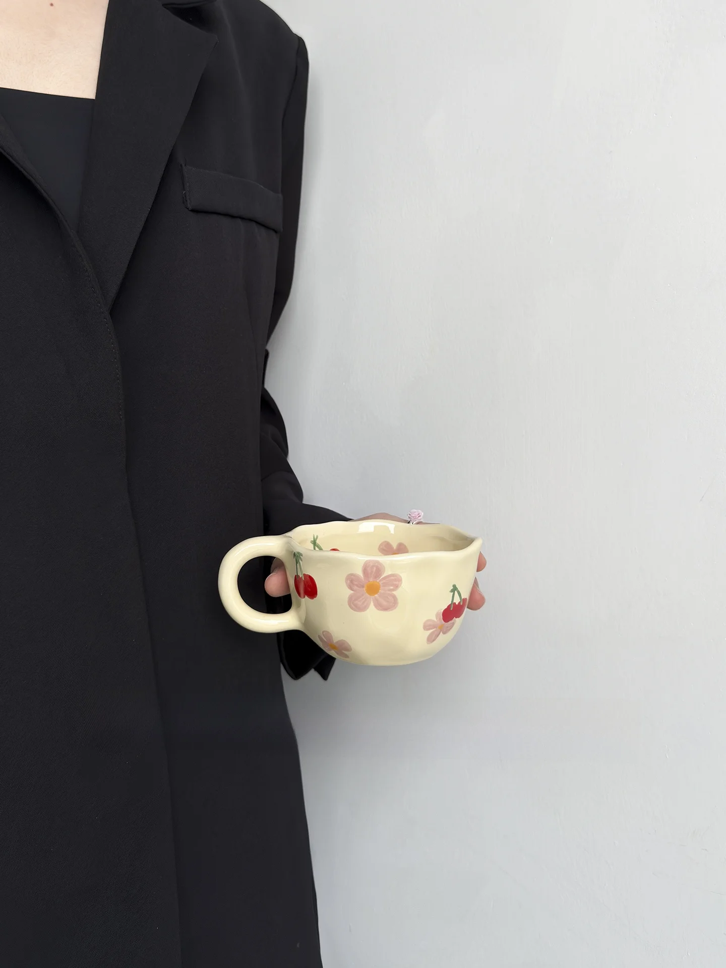 Romantic Pink Flower Ceramic Mugs Cute Office Coffee Cups Girls Breakfast Mugs Half Orange Single Ear Handle Cups