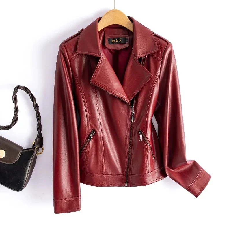 M-6XL Chic vin rouge fendu vestes en peau de mouton mode fermeture éclair femmes à manches courtes Moto Biker vestes décontracté en cuir manteaux